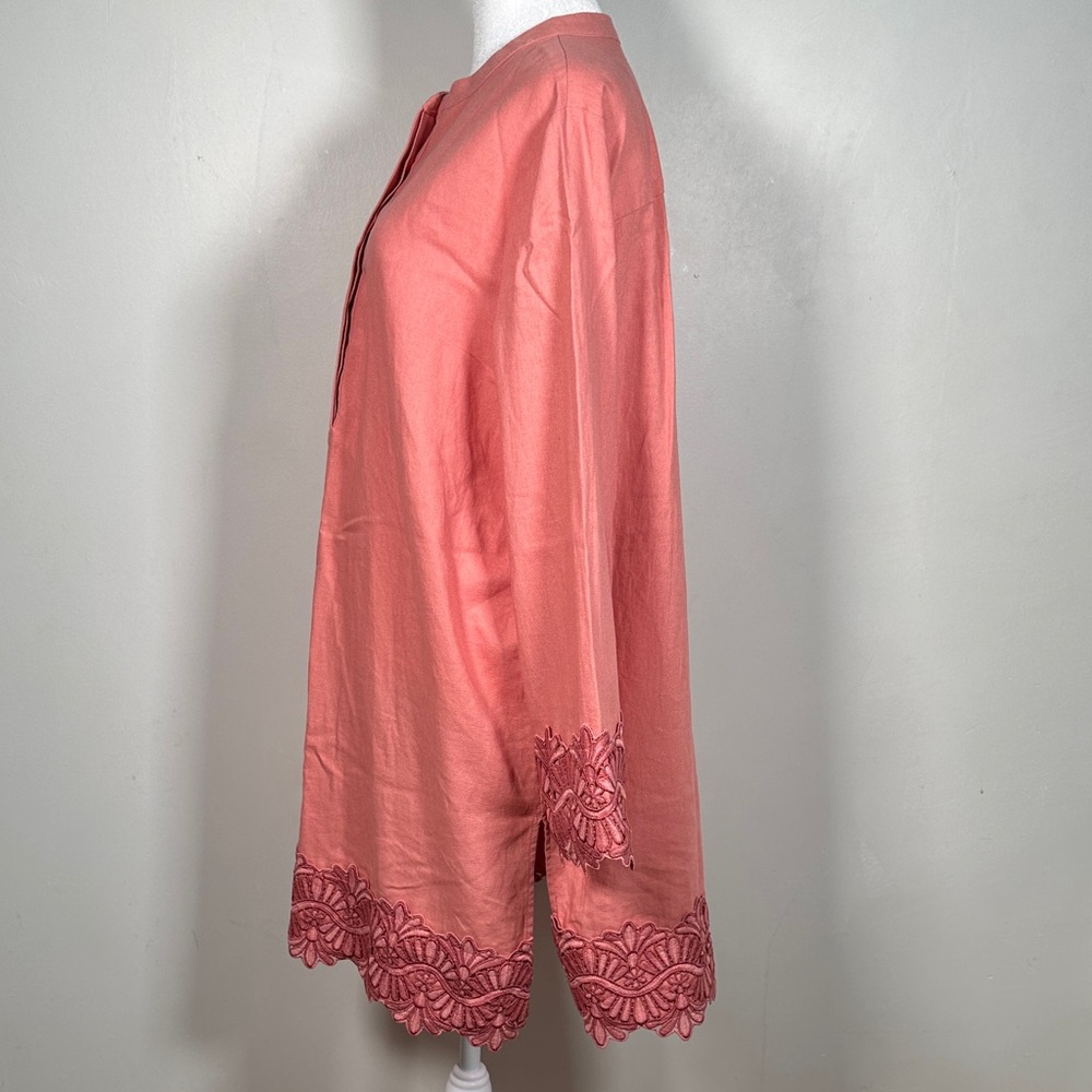 Anne Klein Linen Blend Tunic Coral Long Sleeve Pullover Embroidered Size L - Picture 9 of 10